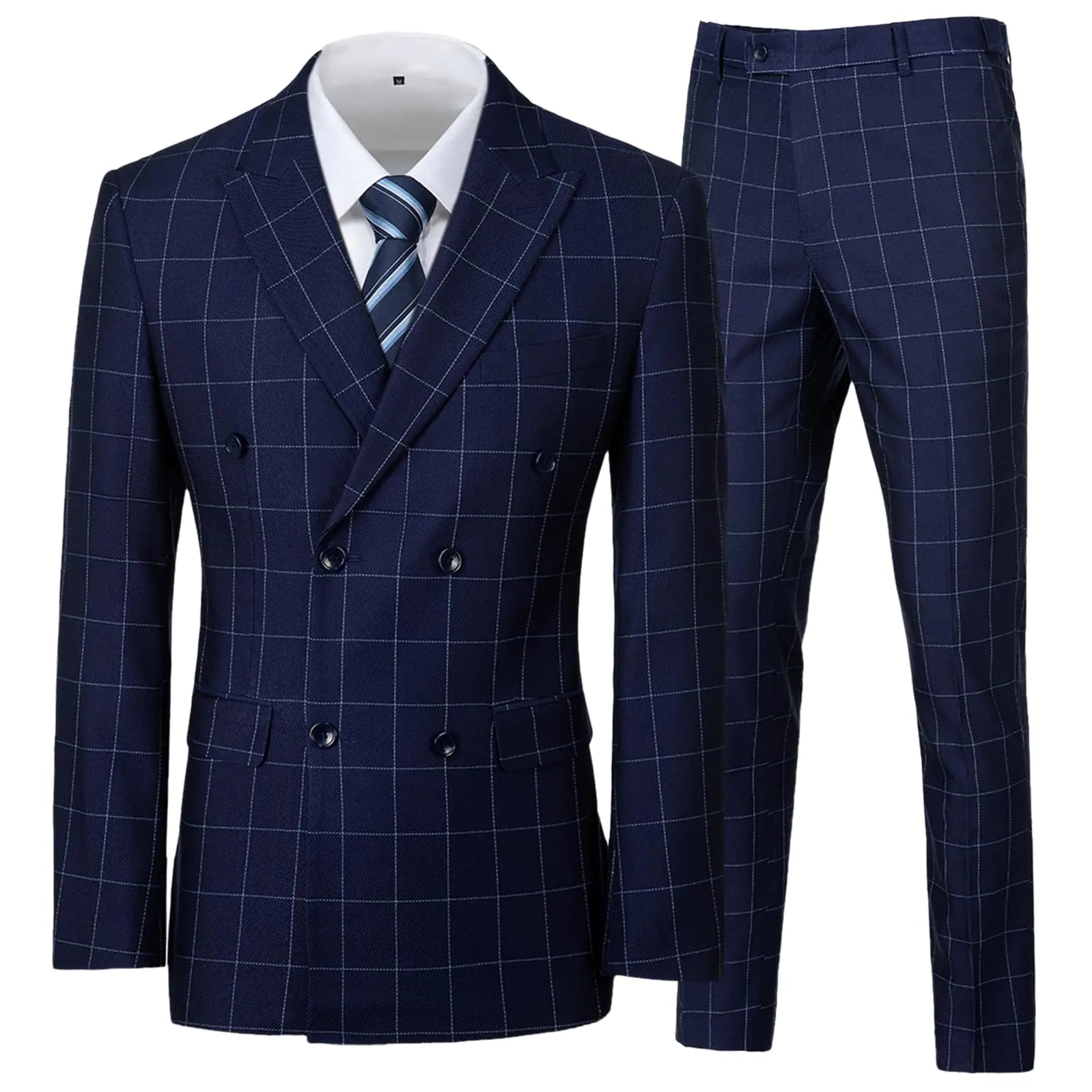 Men's Navy Blue Double Breasted Plaid Suit- Size XX Large