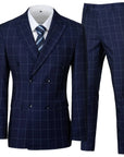 Men's Navy Blue Double Breasted Plaid Suit- Size XX Large