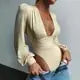 Deep V Bodysuit – Satin Long Sleeve Wrap One-Piece