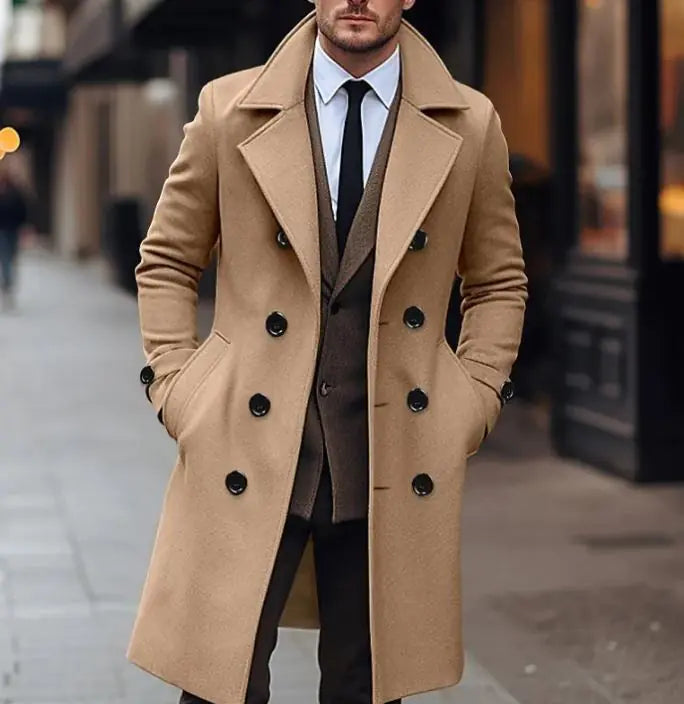 Classic Elegance – Men’s Long Double Breasted Woolen Coat