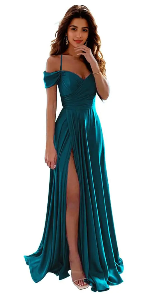 Emerald Green Off-The-Shoulder Satin Bridesmaid Dress with Slit