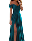Emerald Green Off-The-Shoulder Satin Bridesmaid Dress with Slit