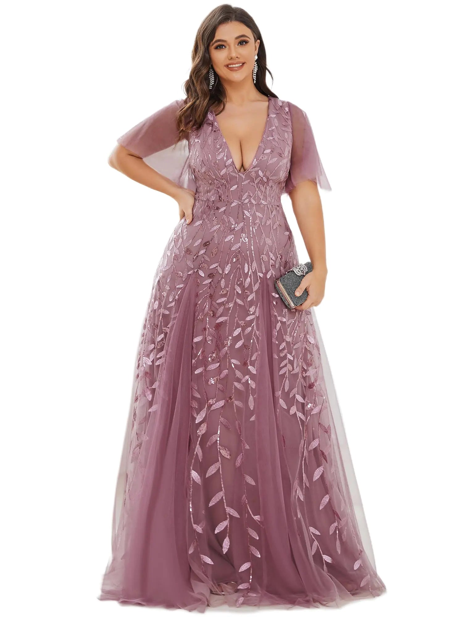 Women's Size 20 Embroidered Sequin Formal Evening Dress with Orchid Sleeves 