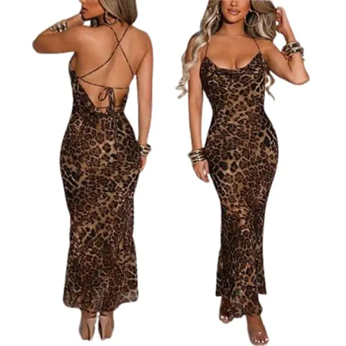 Playful Leopard Print V Neck Maxi Dress- Size S
