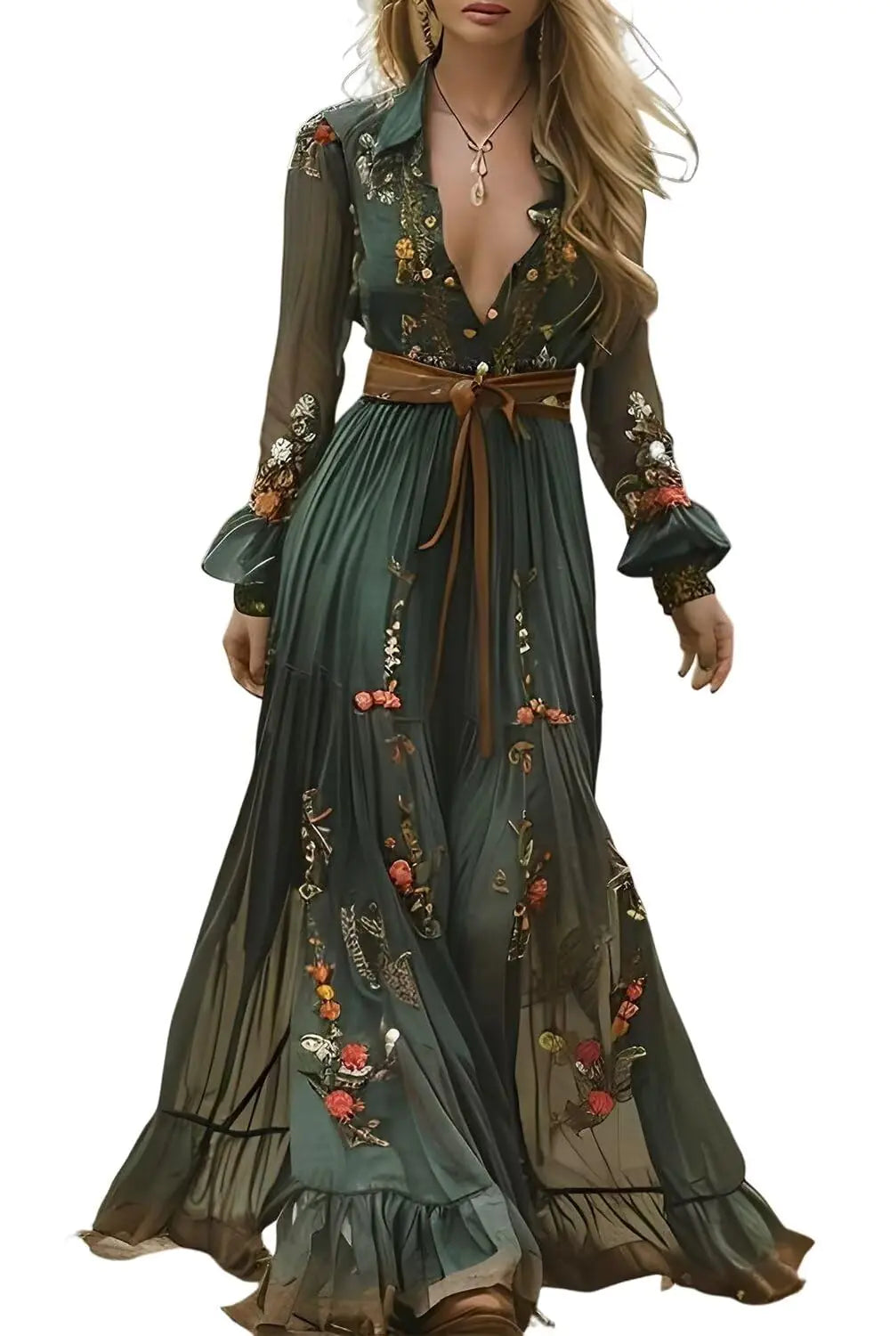 Playful Long Sleeve Boho Forest Green Maxi Dress- X Large