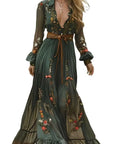 Playful Long Sleeve Boho Forest Green Maxi Dress- X Large