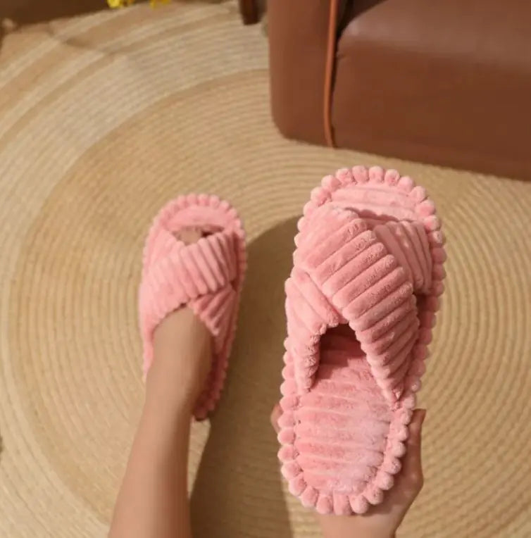 CloudSoft Corduroy Cross Slippers – Black Plush Slides
