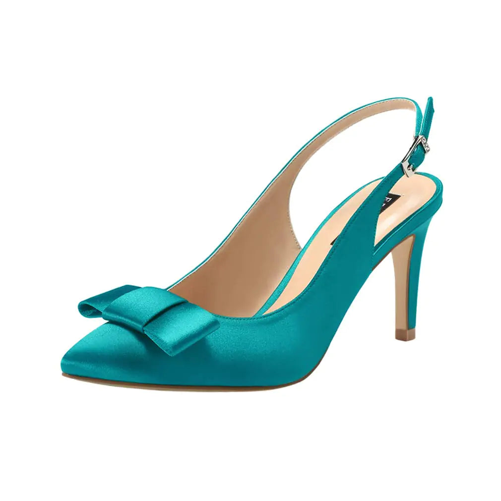 Teal Satin Pointy Toe Pumps with Slingback