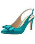 Teal Satin Pointy Toe Pumps with Slingback