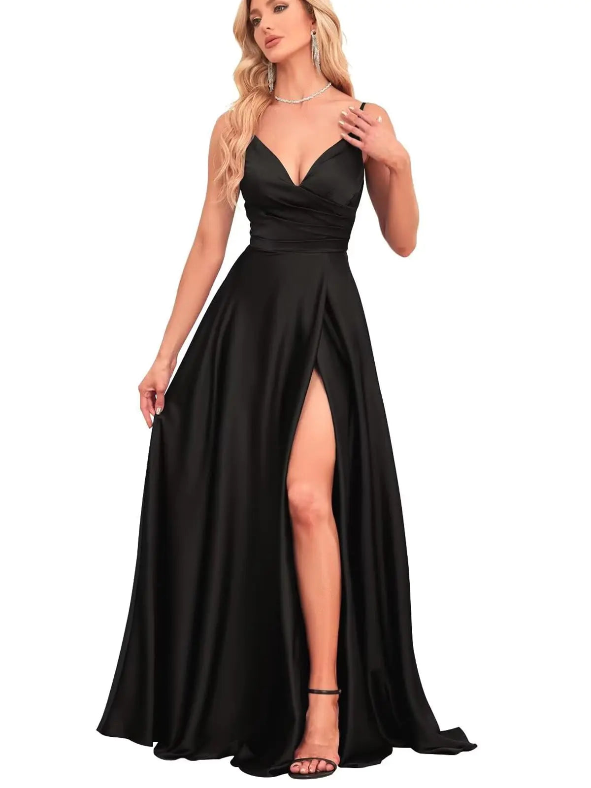 Black Satin Spaghetti Strap Bridesmaid Dress with Slit