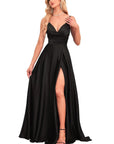 Black Satin Spaghetti Strap Bridesmaid Dress with Slit