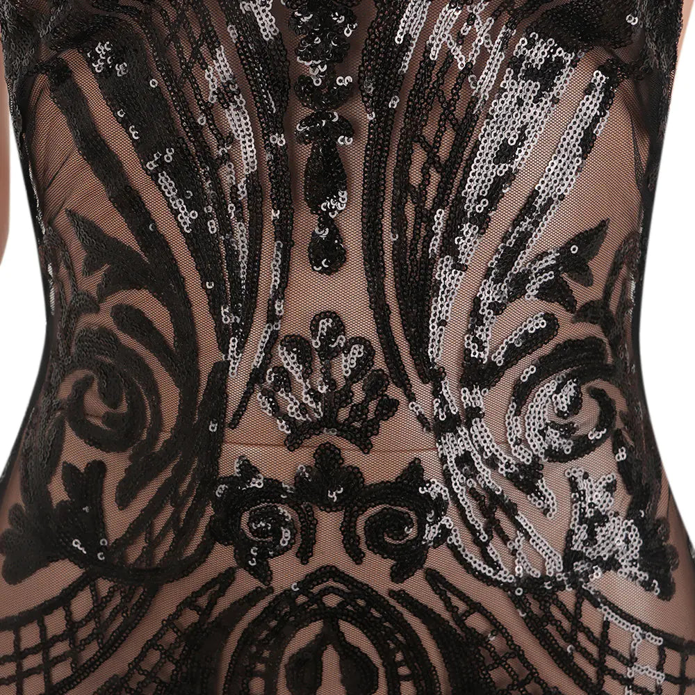 Sequin Embroidered Sheer Backless Dress