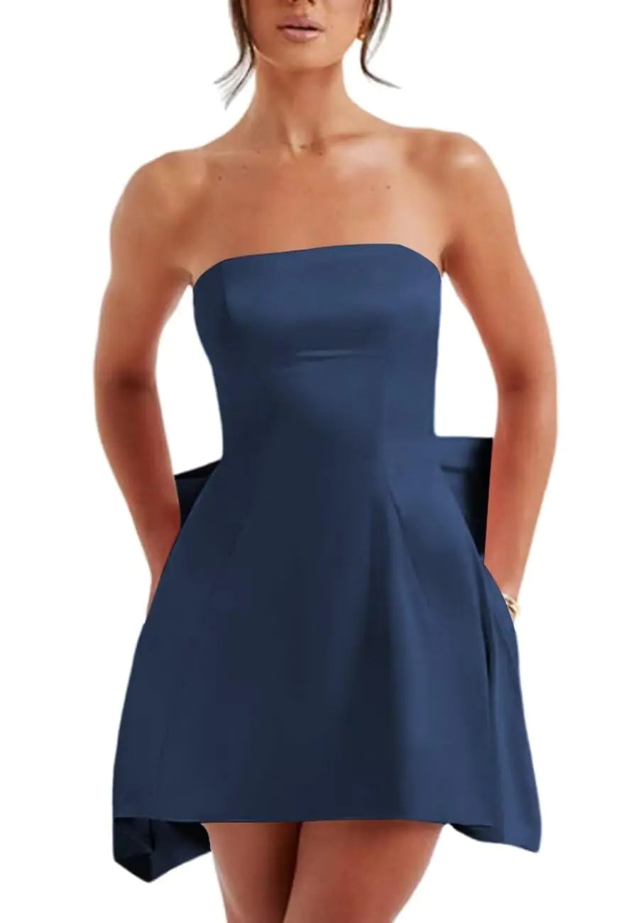 Size 2 Playful Satin Strapless Mini Cocktail Dress- With Bow Detail