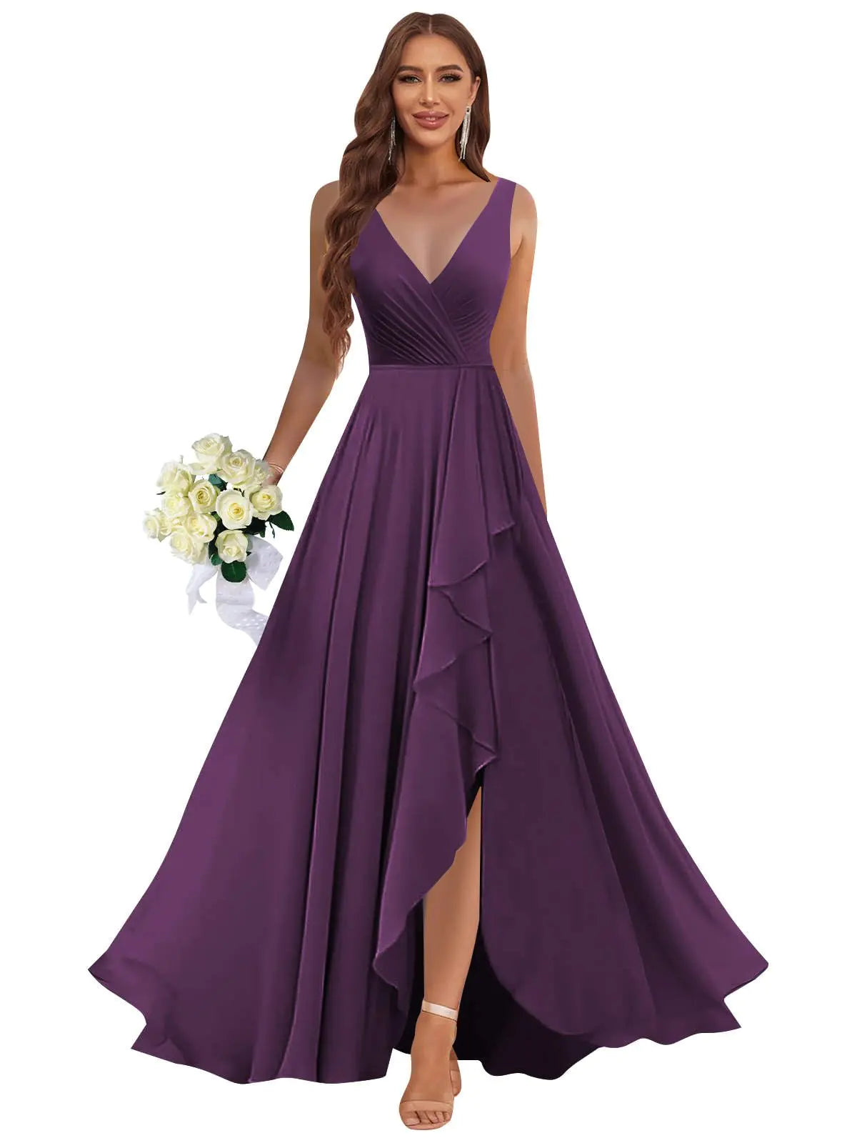 Size 4 Chic Purple Bridesmaid Dress- Featuring Slit & Ruffles