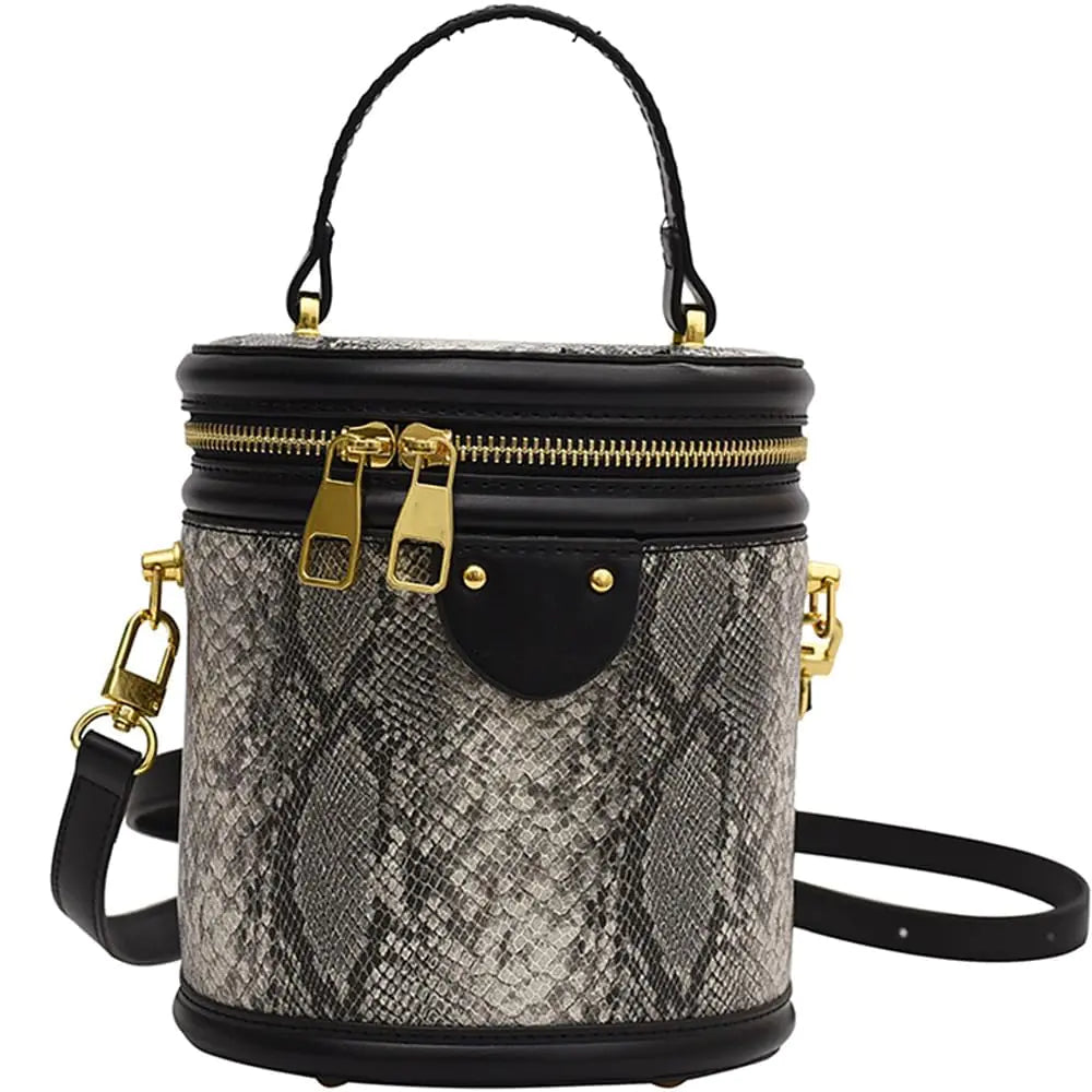 Snake Print Barrel Bag – Luxe Crossbody with Top Handle