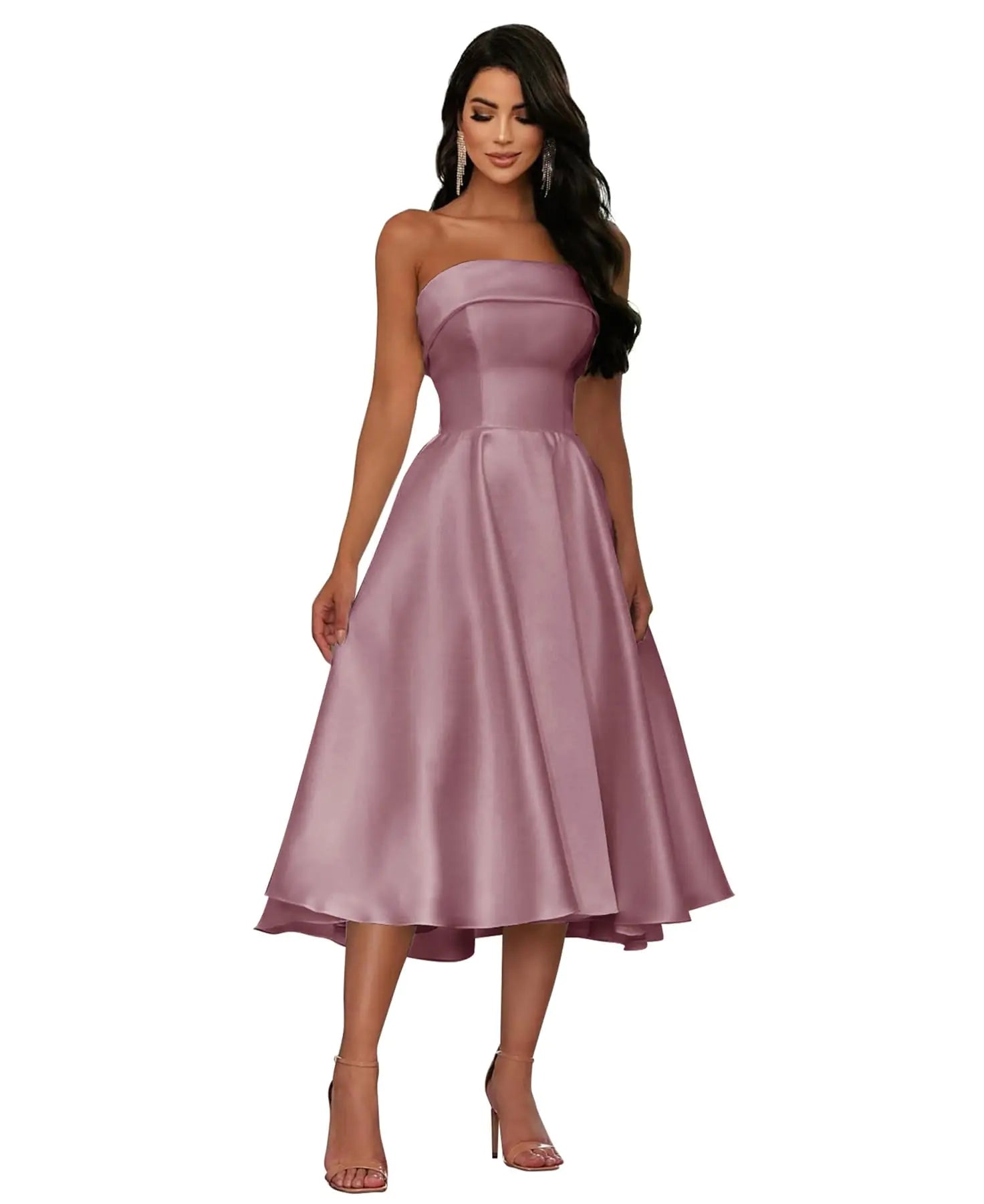 Strapless Satin A-Line Tea Length Dress in Mauve