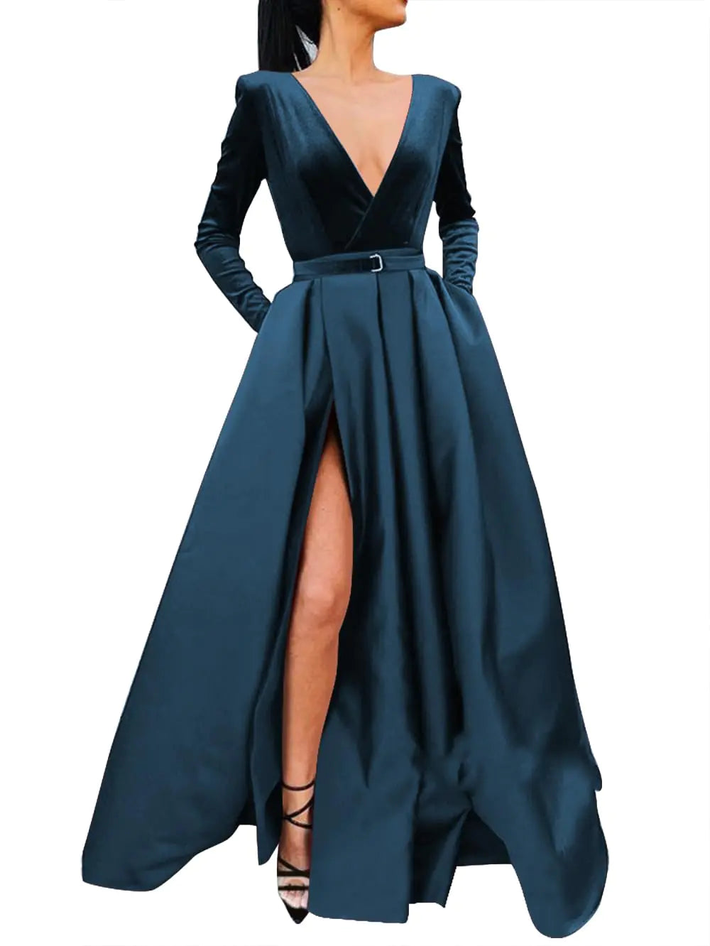 Teal Velvet Long Sleeve Dress with Pockets
