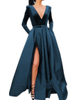 Teal Velvet Long Sleeve Dress with Pockets