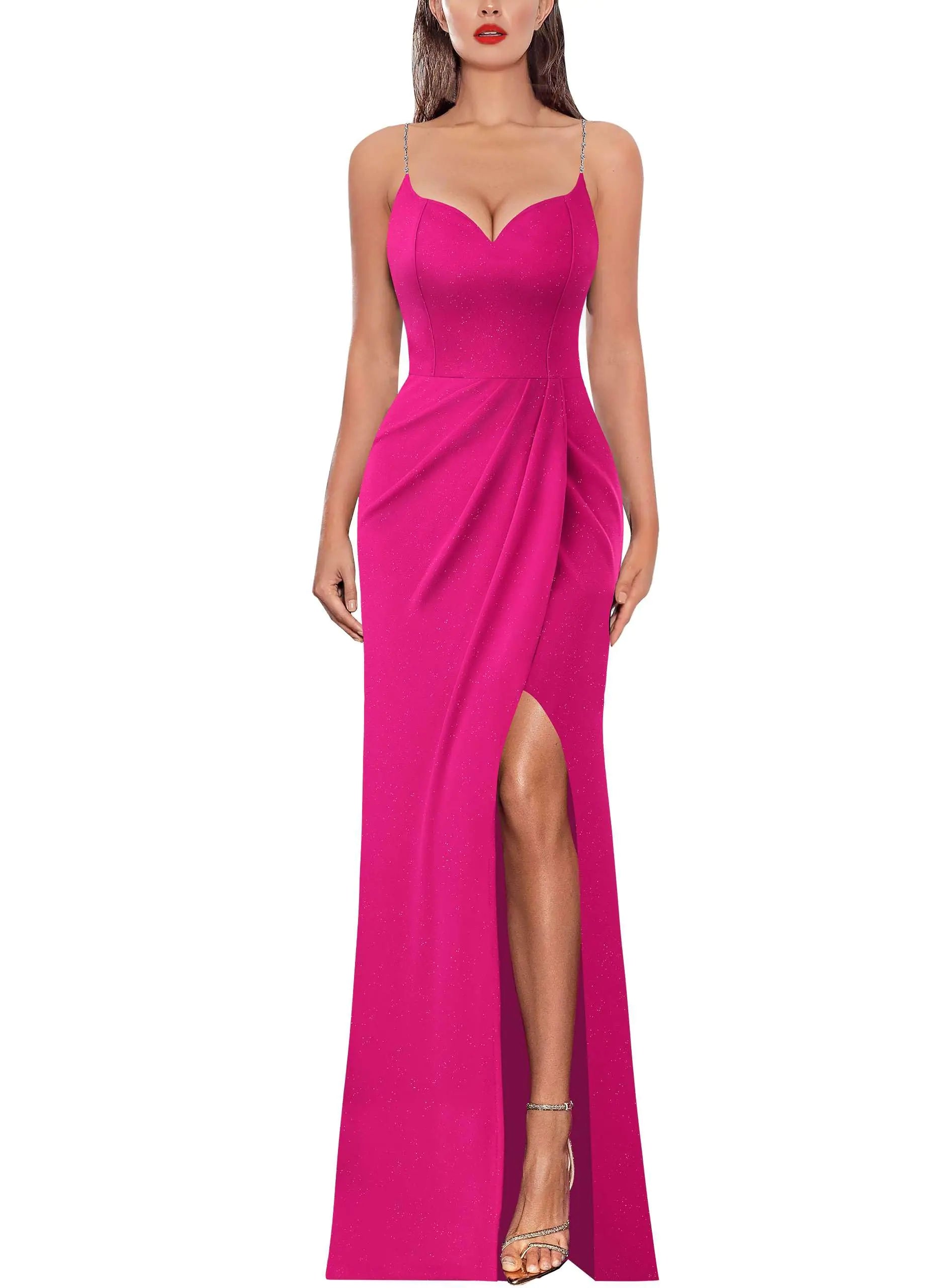 Hot Pink Ruched High Slit Maxi Dress with Beaded Straps- Size X Small