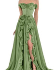Ruffled Chiffon Evening Gown with High Slit- Size 4