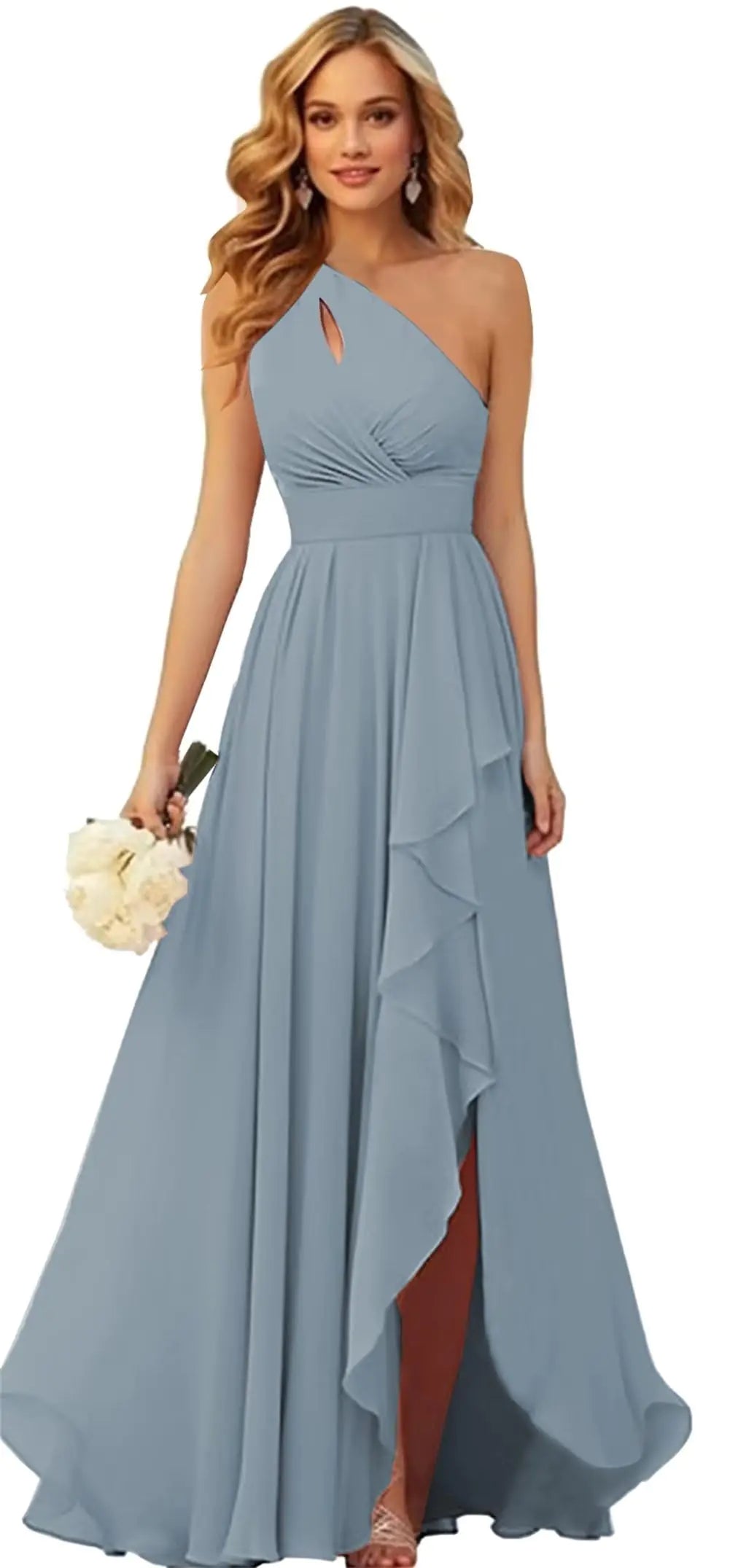 Serenity Drape One-Shoulder Gown – Dusty Blue Chiffon Bridesmaid & Formal Dress