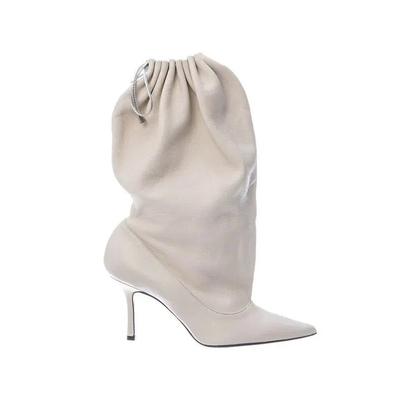 Runway Muse Drawstring Boot – Nude Slouch Pointed-Toe Stiletto Heel
