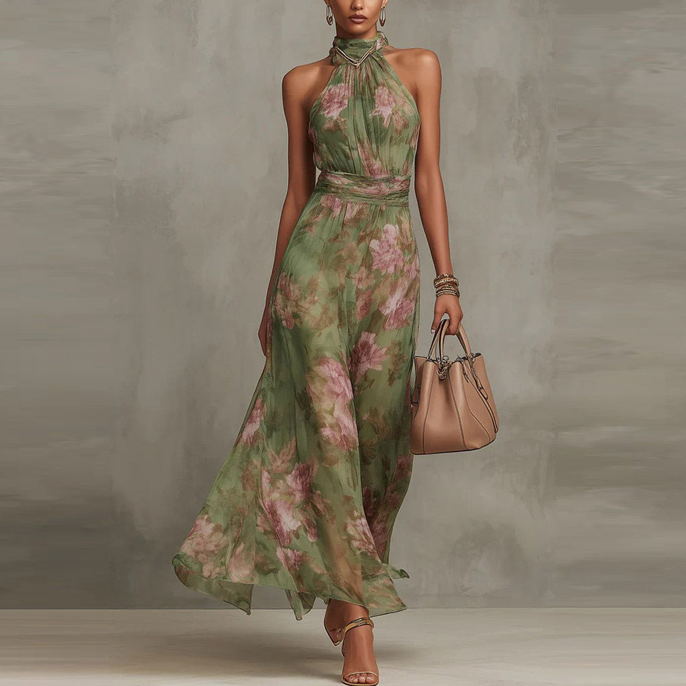 Floral Print High Waist Slit Dress