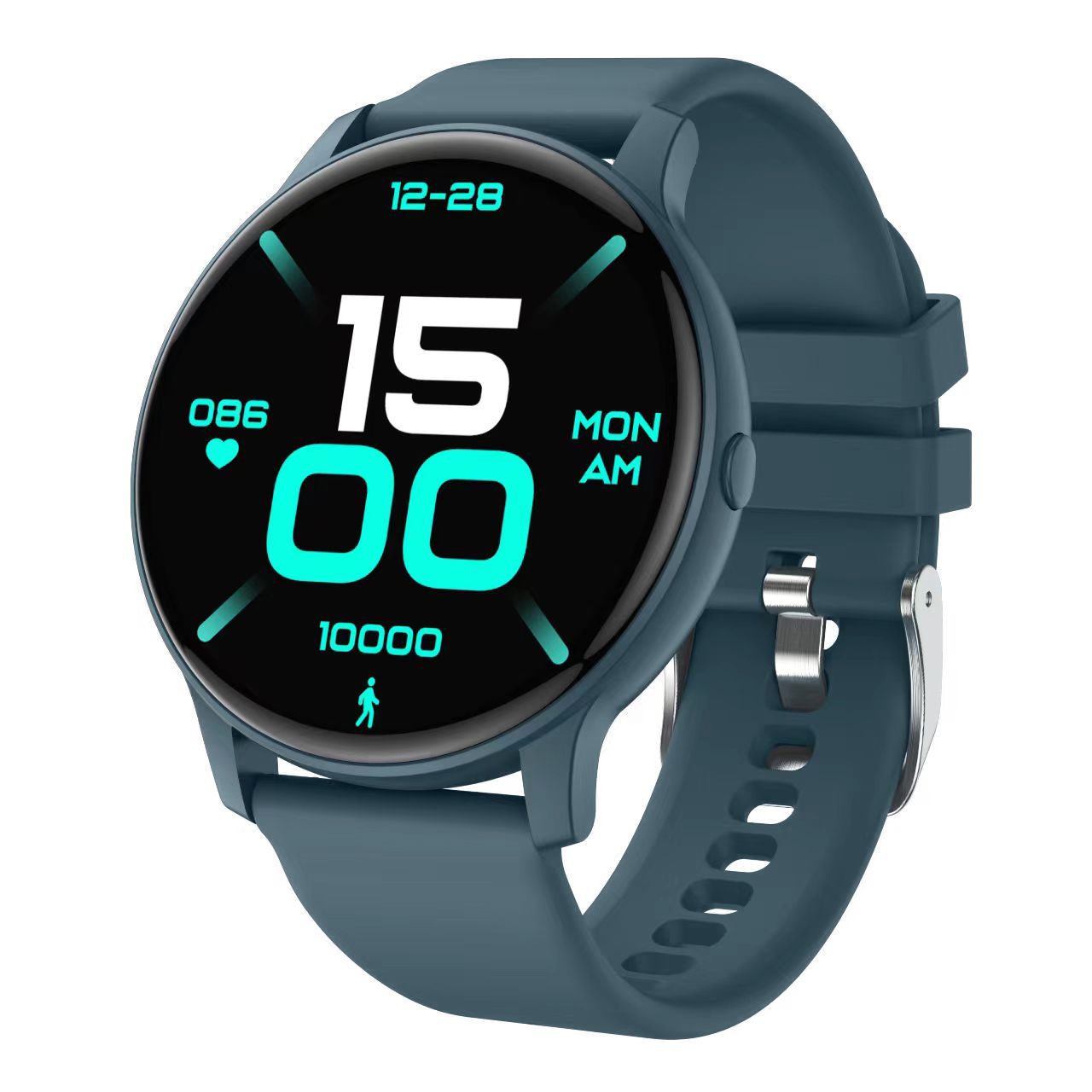 Blue smart fitness watch with round touchscreen display showing time, heart rate, calories, and step counter — features Bluetooth calling, health tracking, sleep monitor.