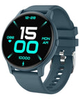 Blue smart fitness watch with round touchscreen display showing time, heart rate, calories, and step counter — features Bluetooth calling, health tracking, sleep monitor.