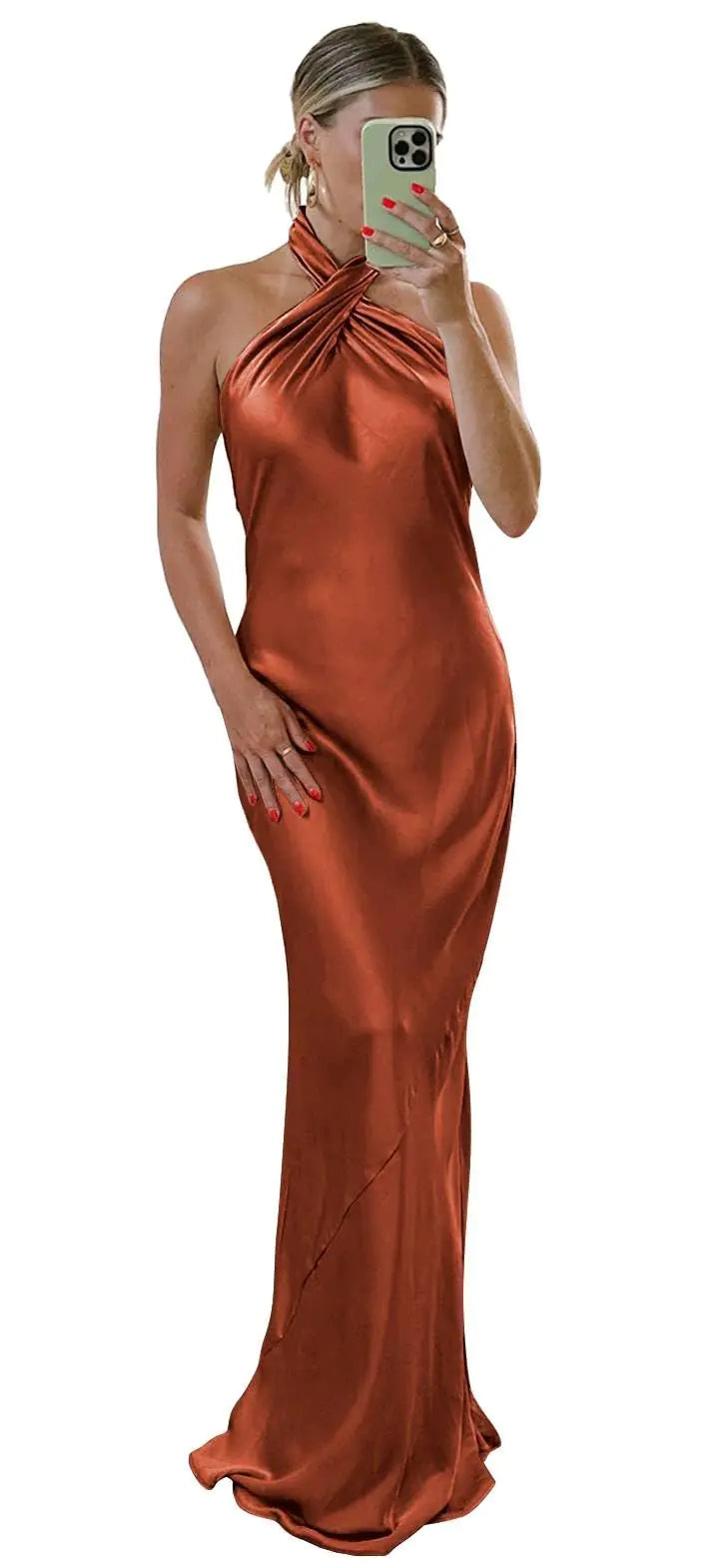 Sze 4 Molten Muse Satin Gown – Rust Orange Halter Neck Backless Maxi Dress