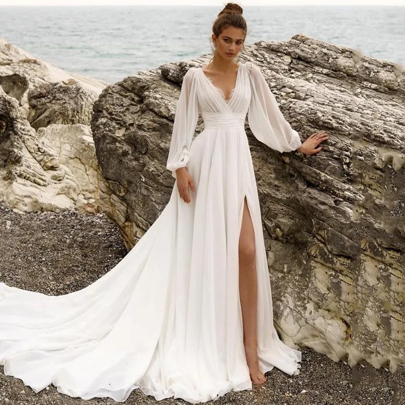 Puff-Sleeve V-Neck Boho Wedding Dress — alternate product view 13