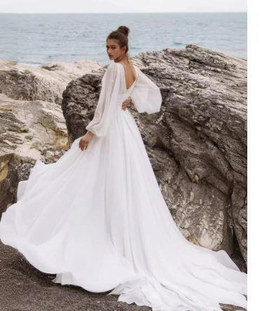 Puff-Sleeve V-Neck Boho Wedding Dress — alternate product view 3