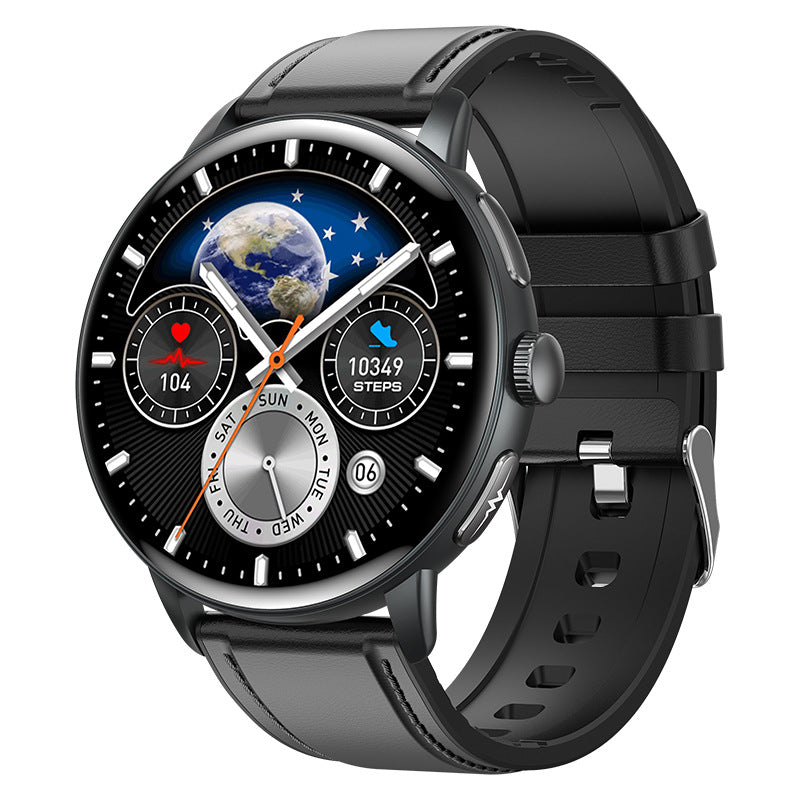 Black leather smart fitness watch with round touchscreen display showing time, heart rate, calories, and step counter — features Bluetooth calling, health tracking, sleep monitor.