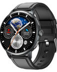 Black leather smart fitness watch with round touchscreen display showing time, heart rate, calories, and step counter — features Bluetooth calling, health tracking, sleep monitor.