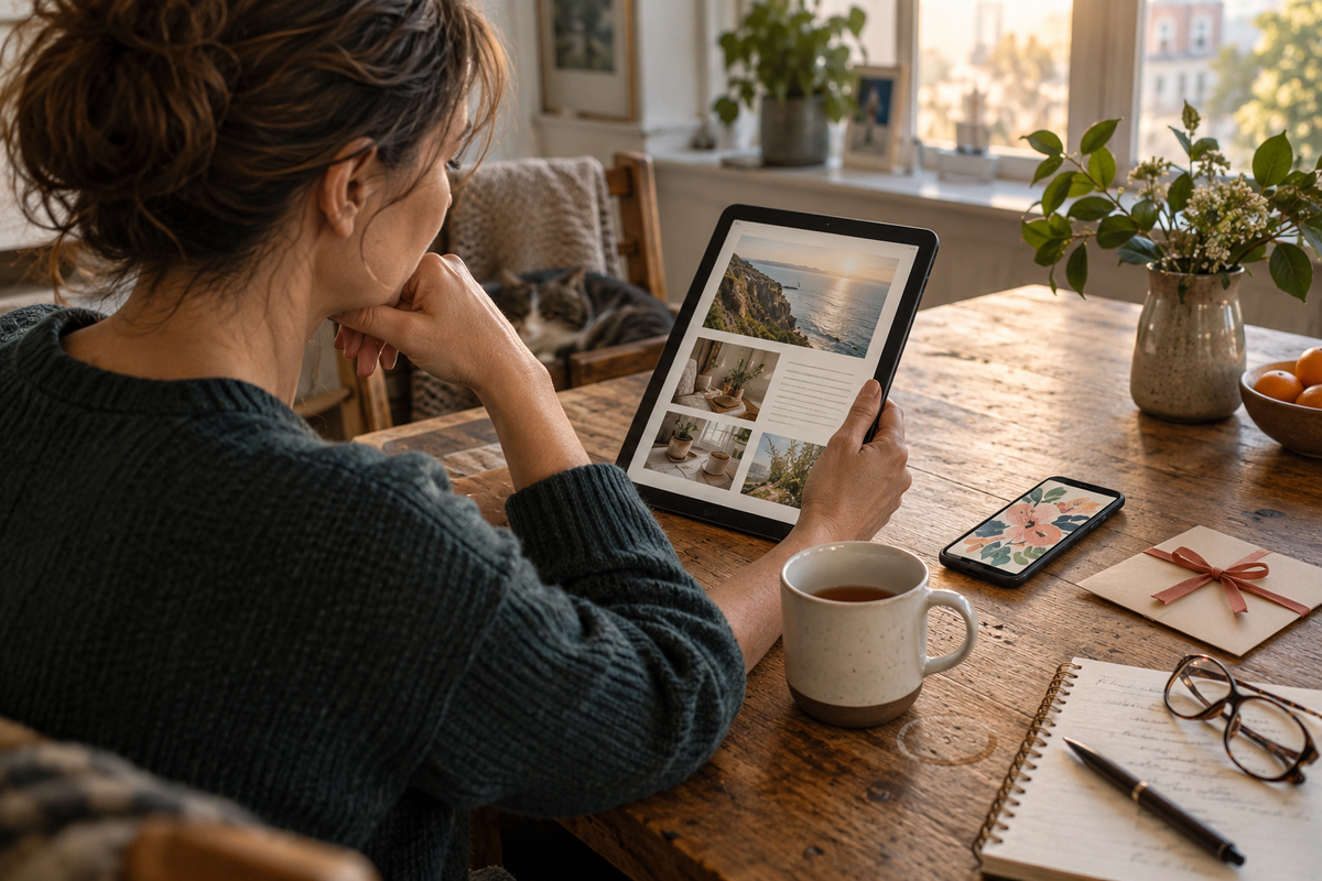 Woman browsing digital guides on a tablet at a lived-in table with a digital card and notebook