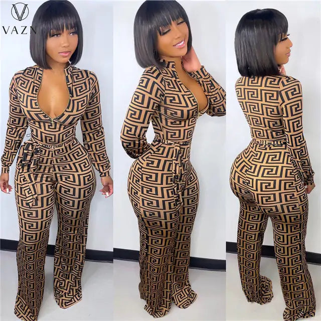 Vibe Maze Zip Jumpsuit – Long Sleeve Geometric Print Bodycon One-Piece