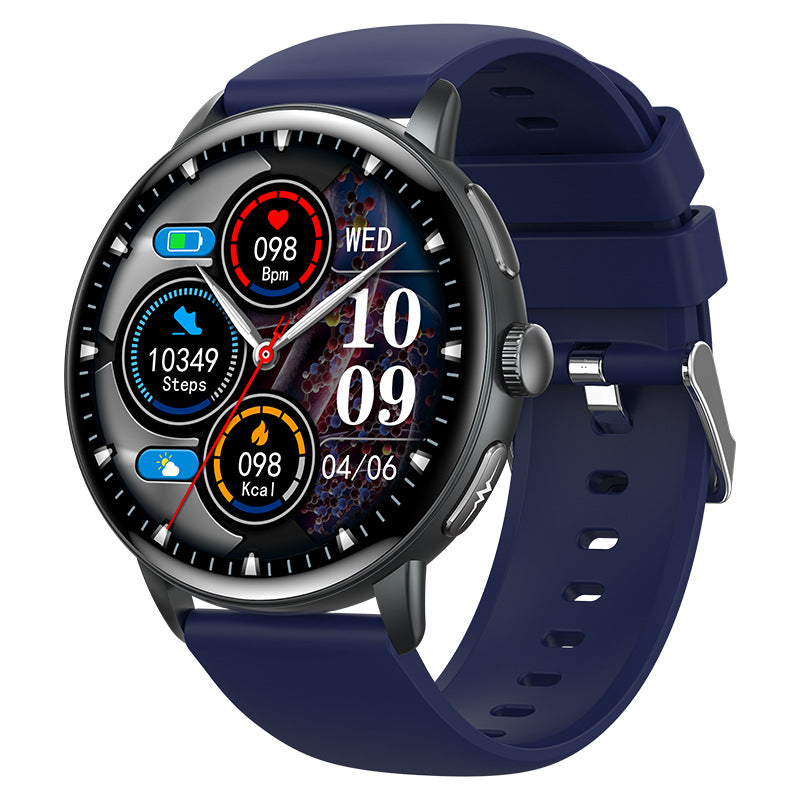Blue smart fitness watch with round touchscreen display showing time, heart rate, calories, and step counter — features Bluetooth calling, health tracking, sleep monitor.