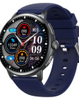 Blue smart fitness watch with round touchscreen display showing time, heart rate, calories, and step counter — features Bluetooth calling, health tracking, sleep monitor.