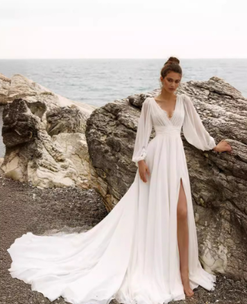 Puff-Sleeve V-Neck Boho Wedding Dress — alternate product view 9