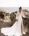 Puff-Sleeve V-Neck Boho Wedding Dress — alternate product view 9
