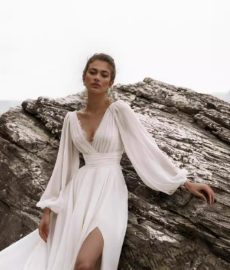 Puff-Sleeve V-Neck Boho Wedding Dress — alternate product view 5