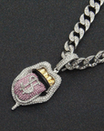 Dollar Tongue Shape Pendant with Pink Crystal Cuban Chain