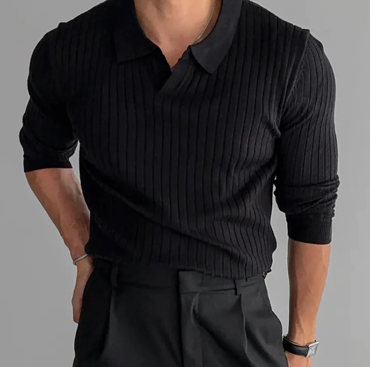 Men’s Classic Ribbed Knit Polo – Long Sleeve Slim Fit 