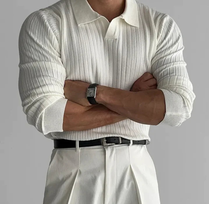 Men’s Classic Ribbed Knit Polo – Long Sleeve Slim Fit 