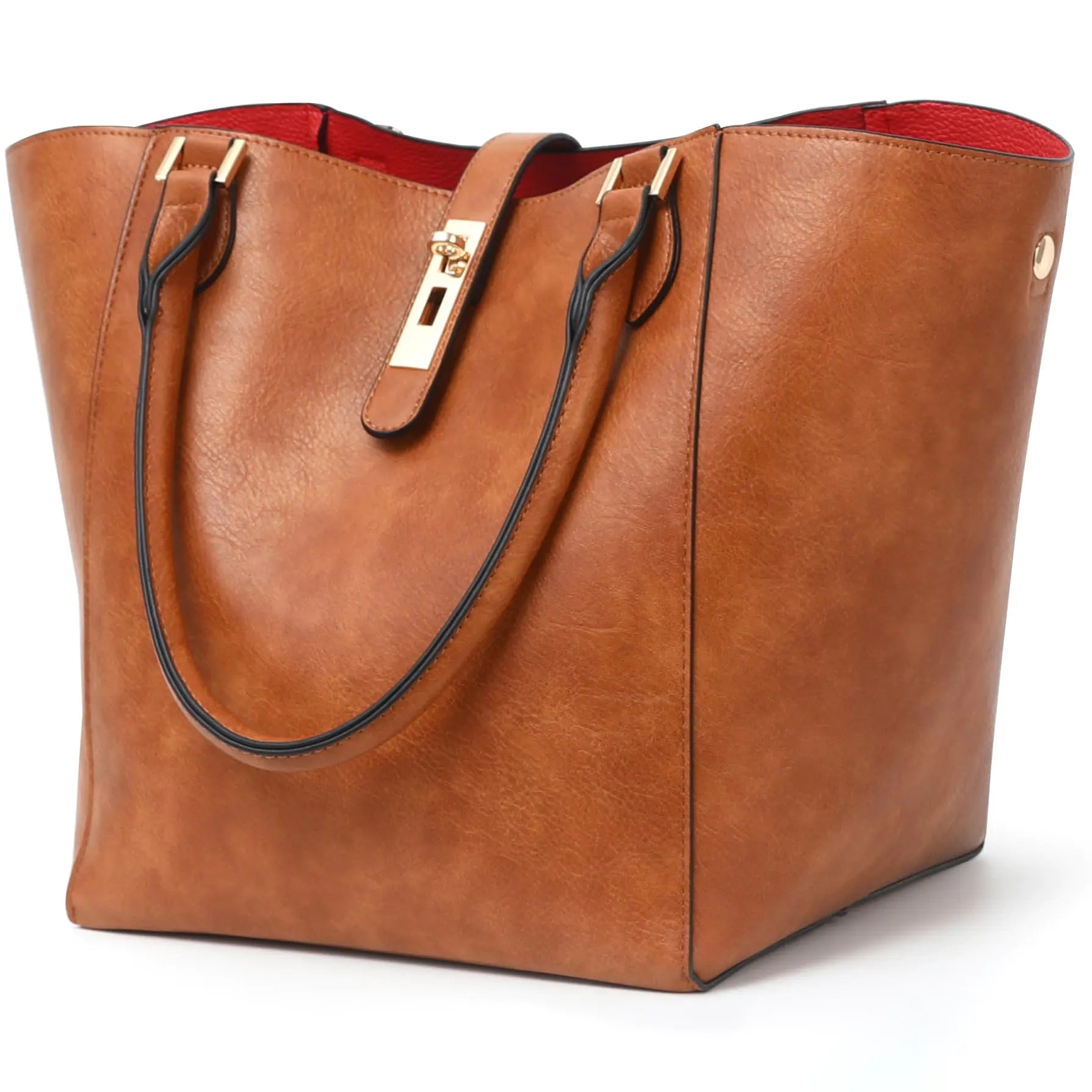 Classic Faux Leather Tote Bag – Camel Brown with Gold Lock Detail