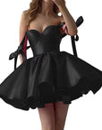 Size 12 Midnight Bloom Satin Mini Dress – Black Strapless Bow-Detail Party Dress