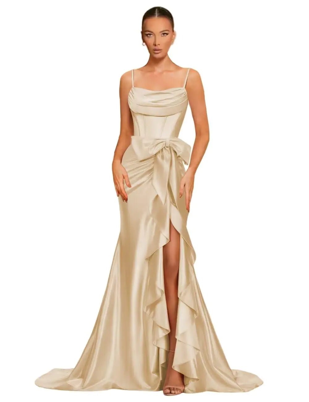 Champagne Satin Mermaid Dress with Side Bow- Size 6