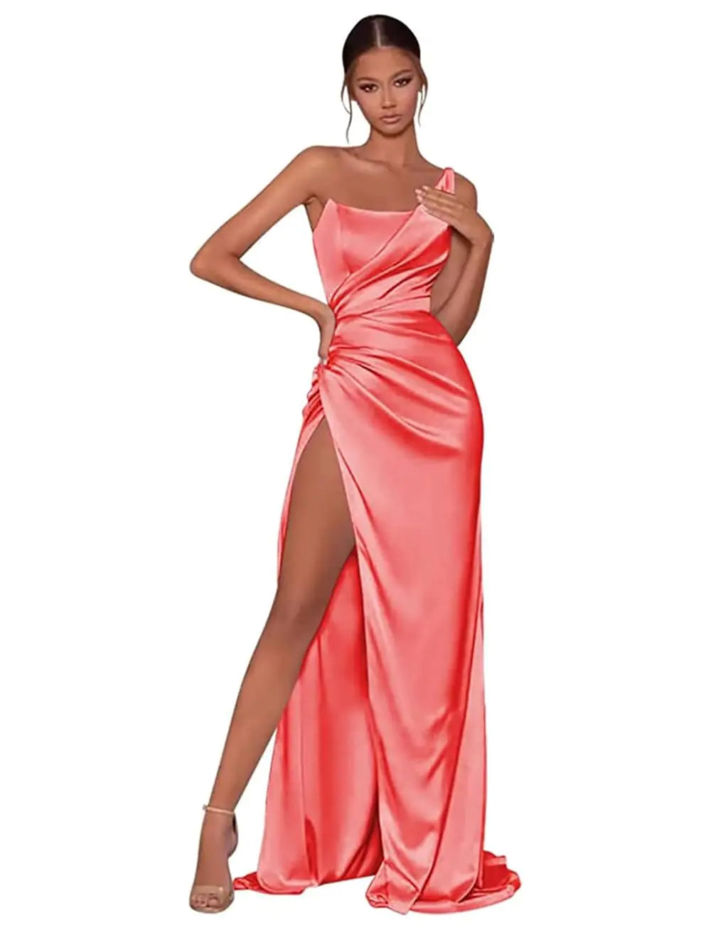 One Shoulder Satin Bridesmaid Dress with Slit