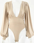 Deep V Bodysuit – Satin Long Sleeve Wrap One-Piece