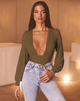 Deep V Bodysuit – Satin Long Sleeve Wrap One-Piece